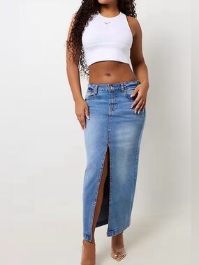 True Religion Women Denim Stretch Front Split Maxi Skirt Size 28
